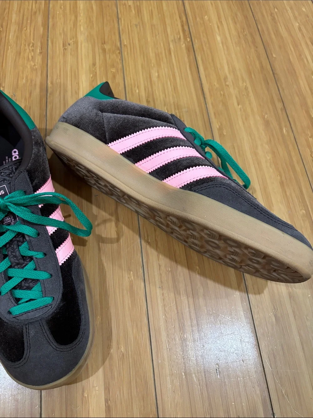 adidas Women's Black Sneakers with Pink Stripes and Green Laces